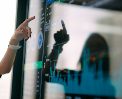 A woman's hand points to a screen with a predictive analysis dashboard.